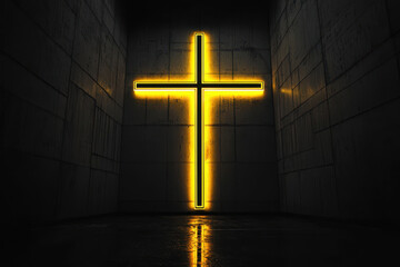 shining gold cross isolated on dark background religious symbol glowing saint cross.