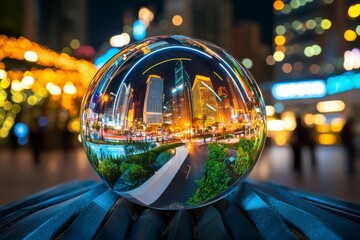 Fototapeta premium City Reflection, Vibrant cityscape reflected in a crystal ball at night, Urban exploration.