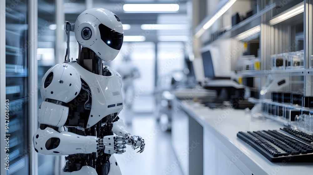 Poster humanoid robot standing in a high tech laboratory workspace showcasing advancements in intelligence 