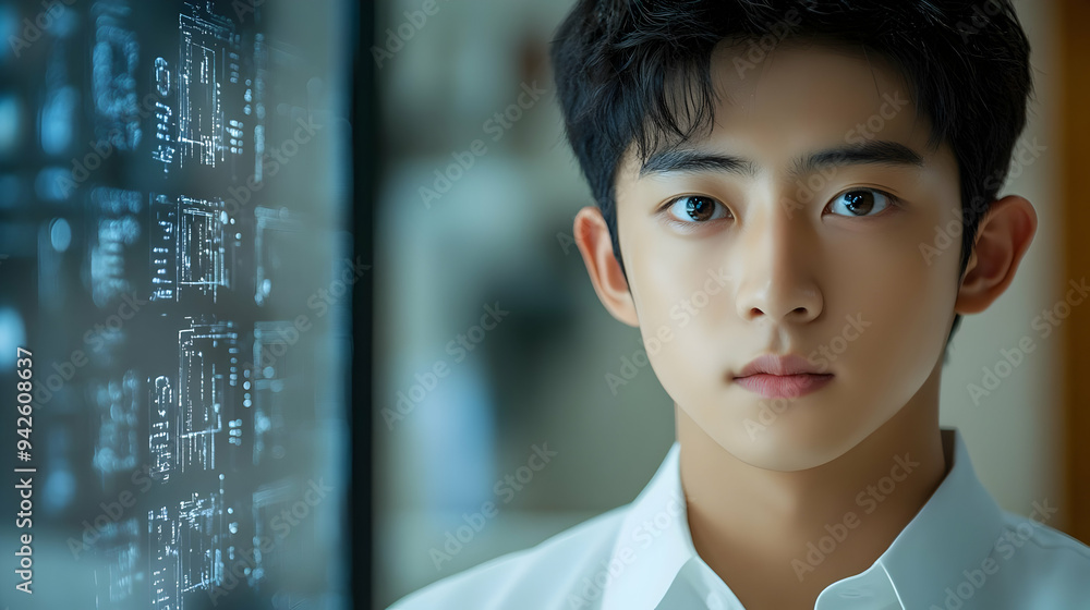Poster young man in a white shirt looking intensely at the camera with a blurred background of a screen wit