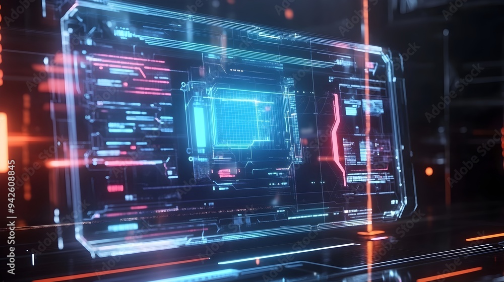 Poster futuristic glowing holographic interface projected in mid air with blank copy space for digital disp