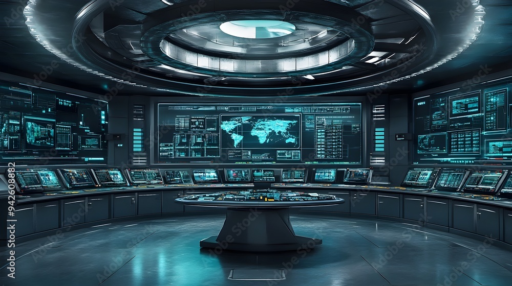 Poster futuristic control room filled with cutting edge technology including digital displays sleek interfa