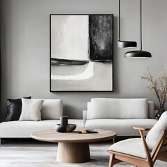 Stylish living room featuring modern decor, abstract art, and minimalistic furniture in neutral tones.
