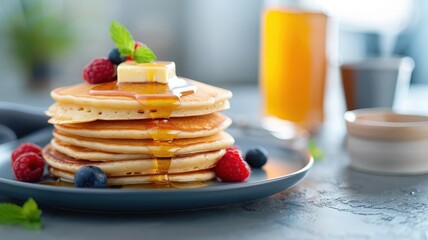 A stack of fluffy pancakes drizzled with honey, butter, and fresh berries.