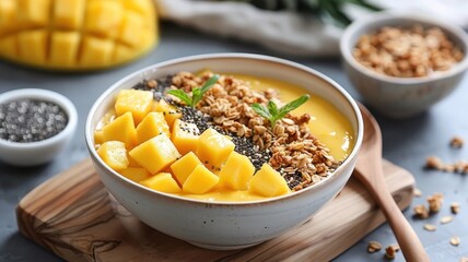 A vibrant smoothie bowl filled with juicy pineapple, mango, and banana chunks.
