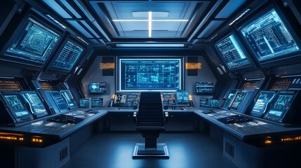 Futuristic Control Room Interior with Cutting Edge Digital Displays Consoles and Panels Providing a Sleek Cyberpunk Inspired Workspace with Copy Space for Overlay or Insertion