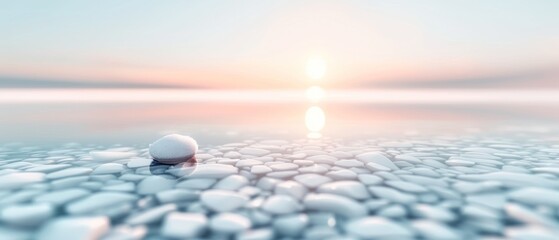 Tranquil Dawn Over Smooth Pebbles, a serene sunrise reflecting soft pastel hues on calm waters, highlighting a solitary pebble amidst an ethereal landscape of tranquility.