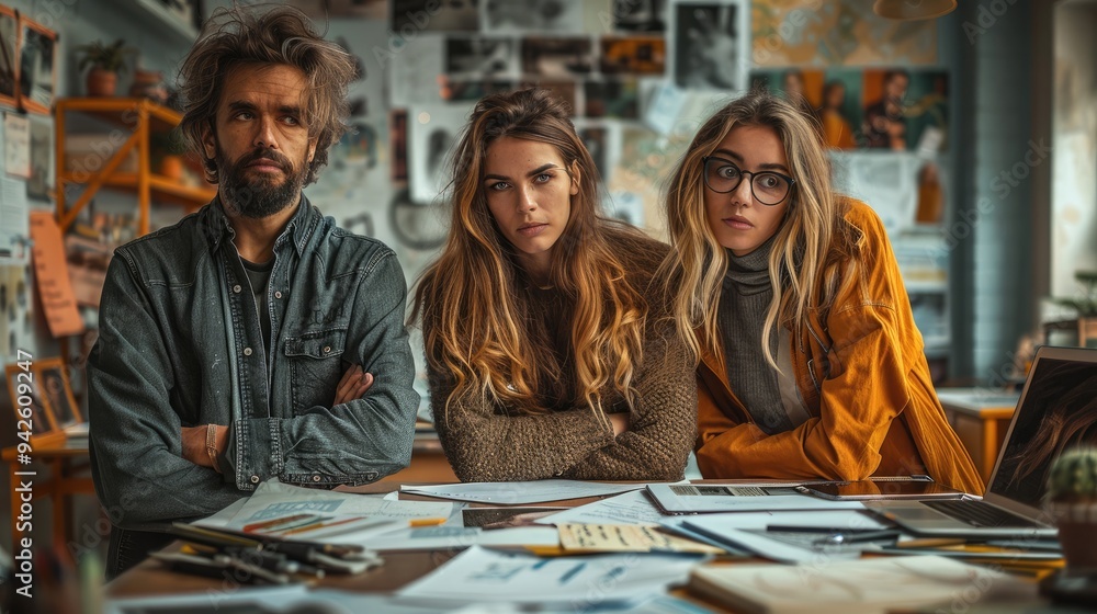 Poster a group of creative professionals in a brainstorming session, surrounded by mood boards, sketches, a