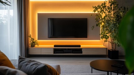 Modern living room with stylish decor, warm lighting, and lush plants, creating a cozy and inviting atmosphere.