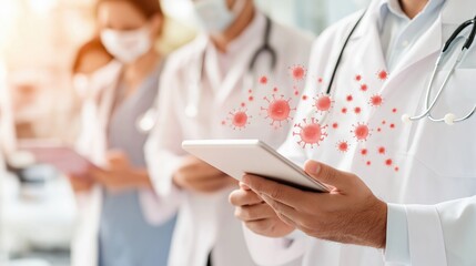 Healthcare professionals in a modern medical setting, focusing on patient information on tablets. Doctors and nurses collaborate efficiently, reflecting a high-tech and coordinated environment.