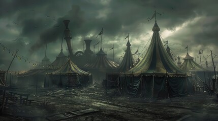 Mysterious abandoned carnival, dark stormy skies loom overhead, flickering lights struggle to illuminate faded tents, an atmosphere thick with suspense and nostalgia.