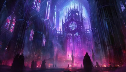 Obraz premium Ethereal Choir in a Gothic Cathedral, shadowy figures stand in awe beneath glowing stained glass, vibrant hues illuminate the mysterious sacred space, captivating serenity reigns.