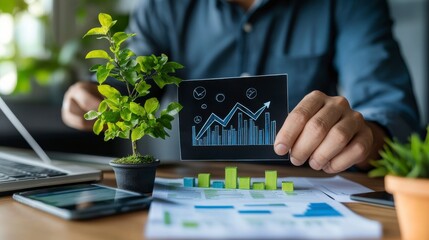 Sustainable Growth, Businessman analyzing charts with small plant growth, Green investment strategy.