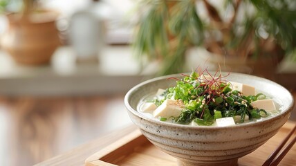 A steaming bowl of miso soup with wakame seaweed, tofu, and green onions.