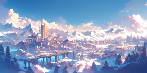 Fototapeta premium Enchanting Winter Wonderland: AI-Generated Dreamscape for Seasonal Marketing. Ethereal Snowy Landscape with Anime-Inspired Elements. Minimalist Design Template for Elegant Advertising Campaigns. Abstr