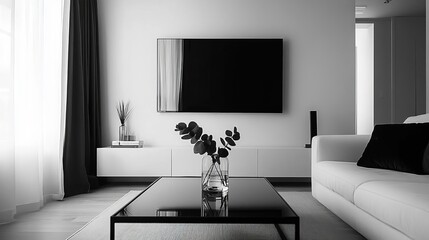 Modern living room with minimalist decor, featuring a sleek TV, stylish table, and elegant flower arrangement.