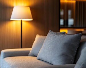 Cozy living room scene featuring a stylish sofa, soft pillows, and a warm lamp illuminating the relaxing atmosphere.