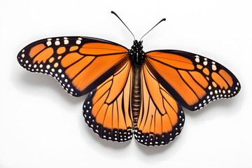 Fototapeta premium A single monarch butterfly with wings closed showcasing the underside patterns on a white background, AI Generated