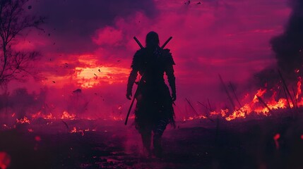 Fototapeta premium Ominous Samurai Demon Silhouette Amid Fiery Battlefield Sunset Skies