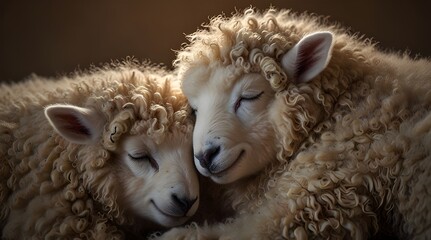 Obraz premium Two sheeps babies sleeping leaning against each other.generative.ai 