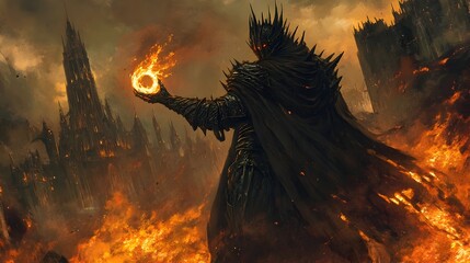 Menacing Dark Lord in Spiked Armor Wielding Glowing Ring Amid Erupting Flames and Ominous Fortress