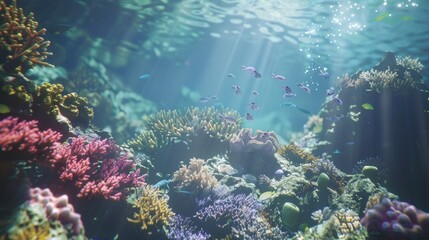 Fototapeta premium Underwater coral reef with vibrant fish and sunlight.