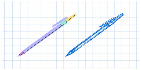 Vector  flat and hand drawn style school and office supplies Illustration. Pen illustration. Back to School. School essential illustration.