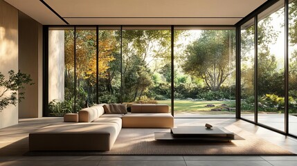 Fototapeta premium Modern living room with large windows showcasing a serene garden view, perfect for relaxation and natural light.