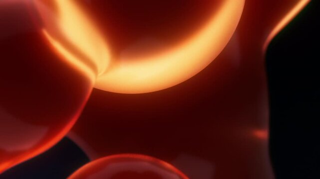 Lava lamp neon red orange satisfying metaball bubbles floating as full screen background. Macro close up depth of field concept 3D animation backplate of elegant abstract decorative soothing oil balls