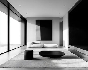 A sleek and modern interior design featuring minimalist furniture and open space, showcasing elegant black and white aesthetics.