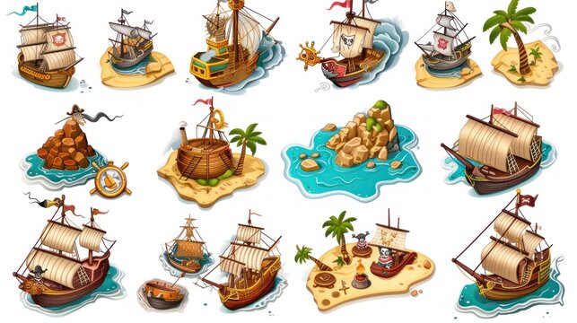 Pirate ship game assets with islands, palm trees, and rocks.