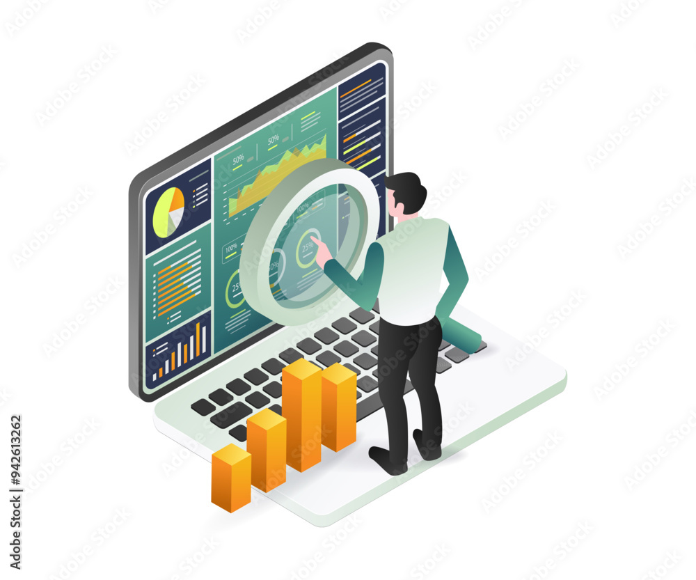 Poster a man sitting at a desk using a laptop to analyze graphs and data