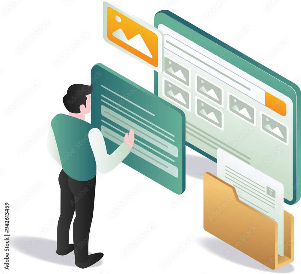Poster a man standing next to a large screen holding a folder