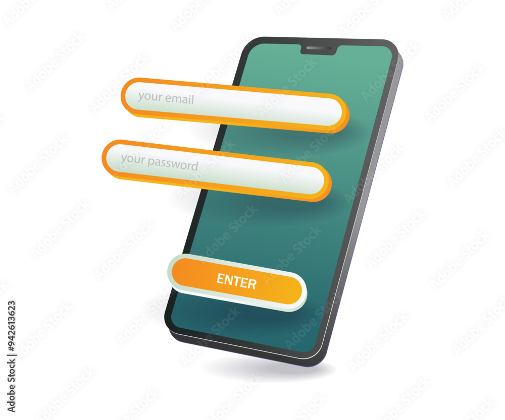 Poster a mobile phone displaying a login form on the screen