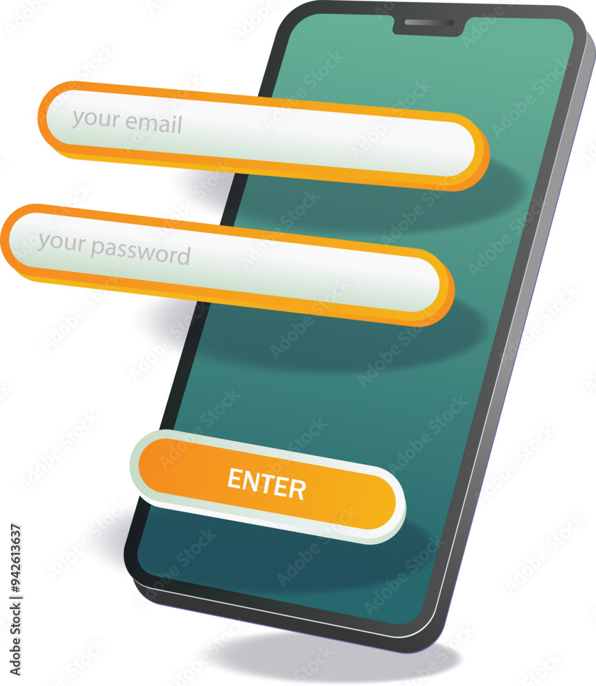 Poster a mobile phone displaying a login form on the screen