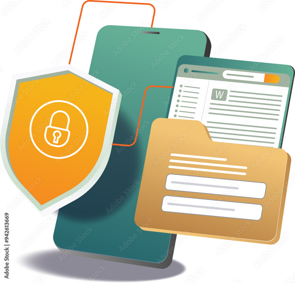 Poster a mobile phone placed next to a document and a shield