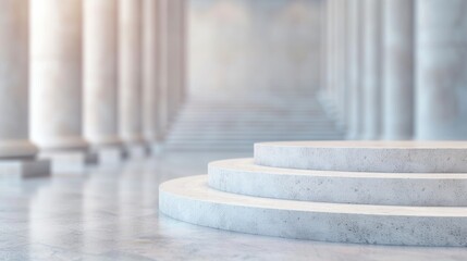 Marble Steps in Grand Hall, elegant curved steps leading upward in a spacious hall surrounded by towering columns and soft natural light creating a serene atmosphere