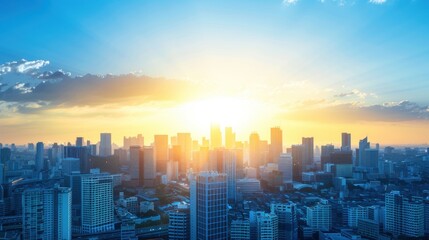 Fototapeta premium Cityscape at Sunset with Golden Sky.