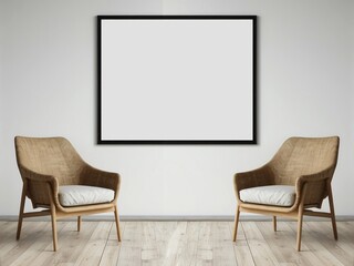 Two Wooden Chairs and a Blank Framed Canvas in a Minimalist Interior