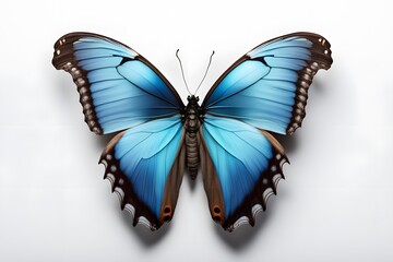 Fototapeta premium A stunning morpho butterfly with metallic blue wings spread on a white background, AI Generated