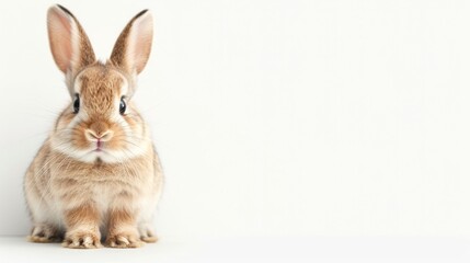 Fototapeta premium Curious young rabbit with soft fur and attentive expression, set against a minimalistic white background, radiating warmth and innocence
