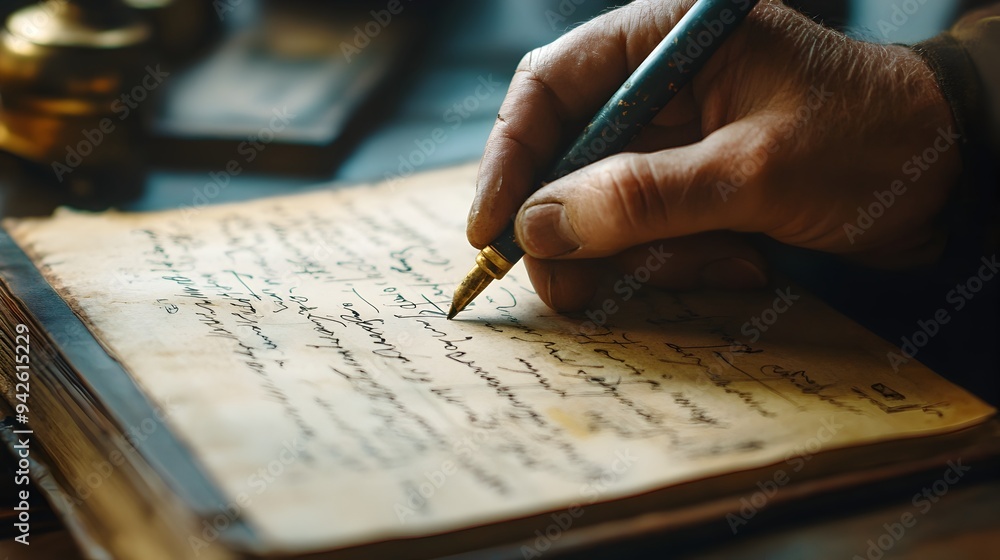 Aufkleber close up shot of a hand writing detailed notes calculations and figures in a ledger book for financi