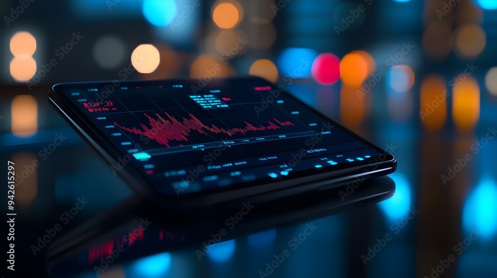 Poster smartphone screen showcasing a market application dashboard with copy space for financial analysis a