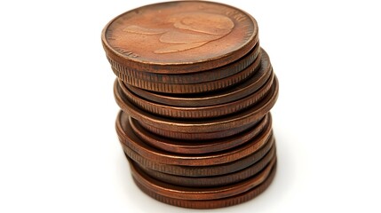 Meticulously Stacked Pile of Various Metal Coins Arranged Centrally on a Stark White Background Highlighting the Concept of Financial Savings Earnings and Wealth Accumulation