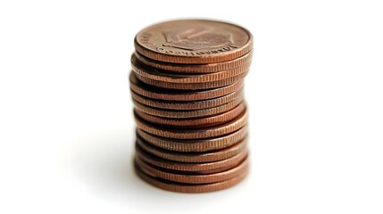 Meticulously Piled Stack of Coins in the Center of a White Background Symbolizing Concepts of Financial Stability Monetary Savings and Economic Prosperity