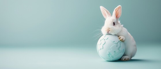 Obraz premium Playful bunny resting with pastel globe-shaped egg, soft colors create a serene spring atmosphere, perfect for seasonal celebrations and festive decorations.