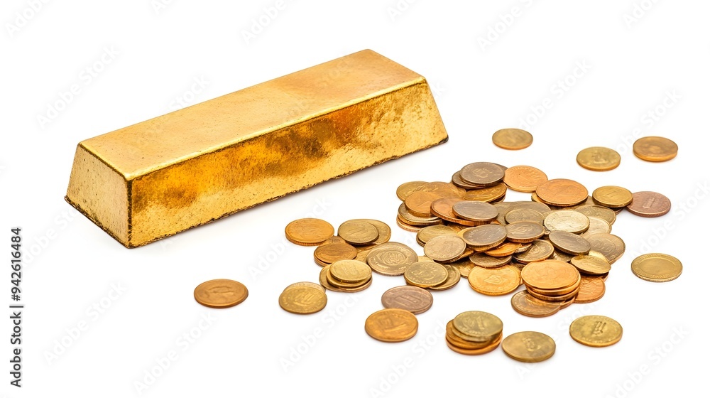 Poster captivating still life photograph showcasing a gleaming gold bar accompanied by an array of scattere