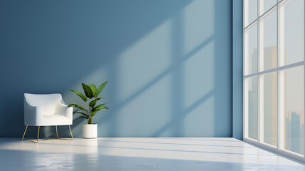 A white armchair sits in a corner of a room with a blue wall, a potted plant, and a large window.