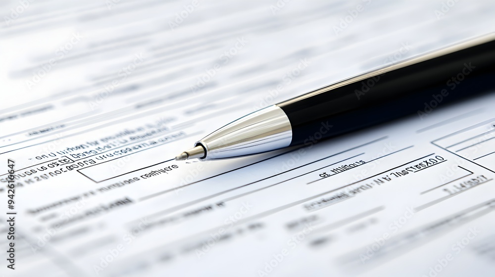Poster closeup view of a tax form document with a pen laid across it isolated on a plain white background t