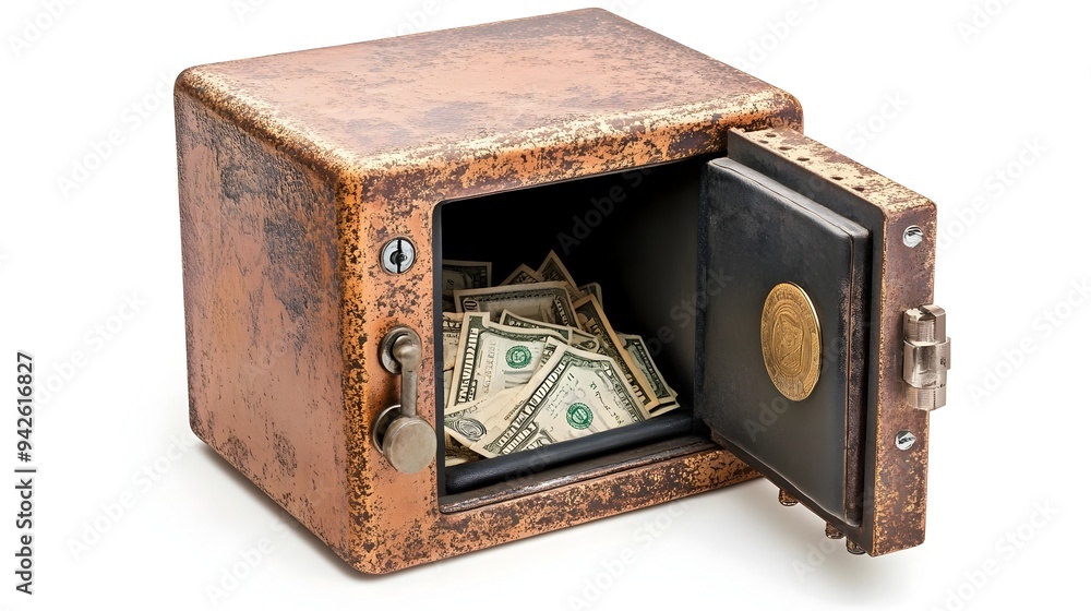 Poster photograph of an open safe exposing cash and currency inside isolated on a clean white background re